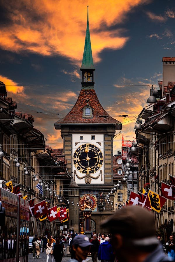 clock tower in bern at sunset